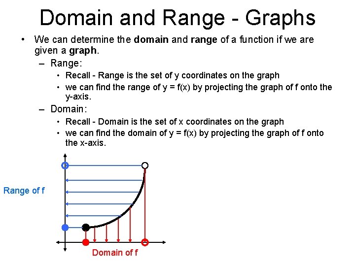 Domain and Range - Graphs • We can determine the domain and range of