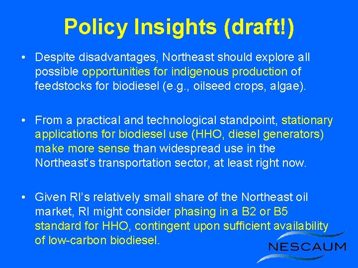 Policy Insights (draft!) • Despite disadvantages, Northeast should explore all possible opportunities for indigenous