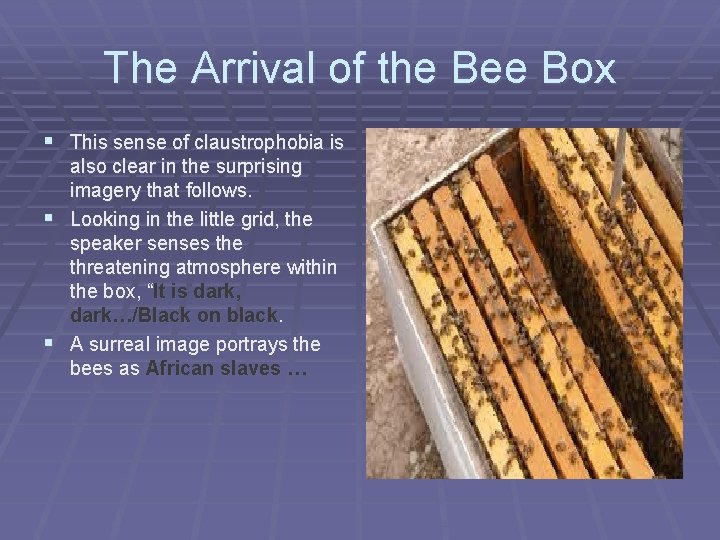 The Arrival of the Bee Box § This sense of claustrophobia is also clear