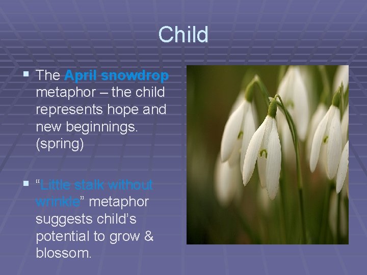 Child § The April snowdrop metaphor – the child represents hope and new beginnings.