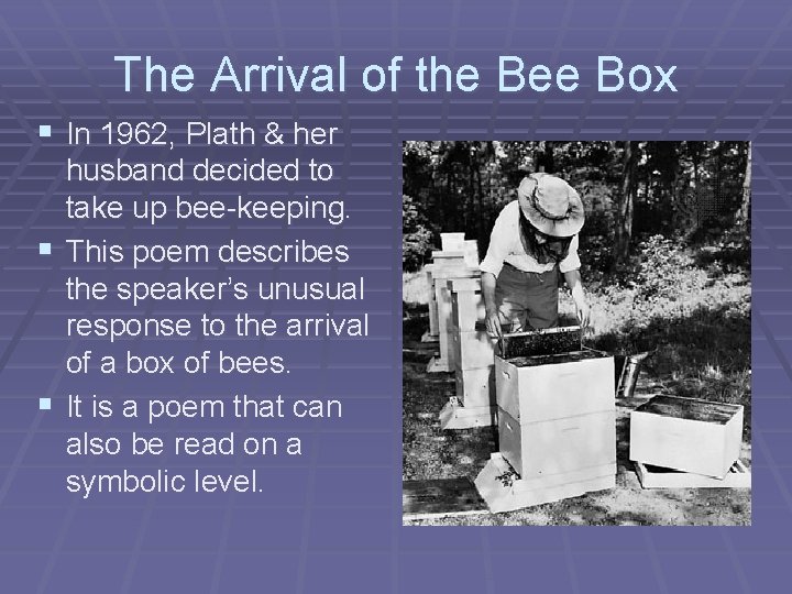 The Arrival of the Bee Box § In 1962, Plath & her husband decided