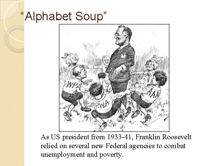 “Alphabet Soup” As US president from 1933 -41, Franklin Roosevelt relied on several new