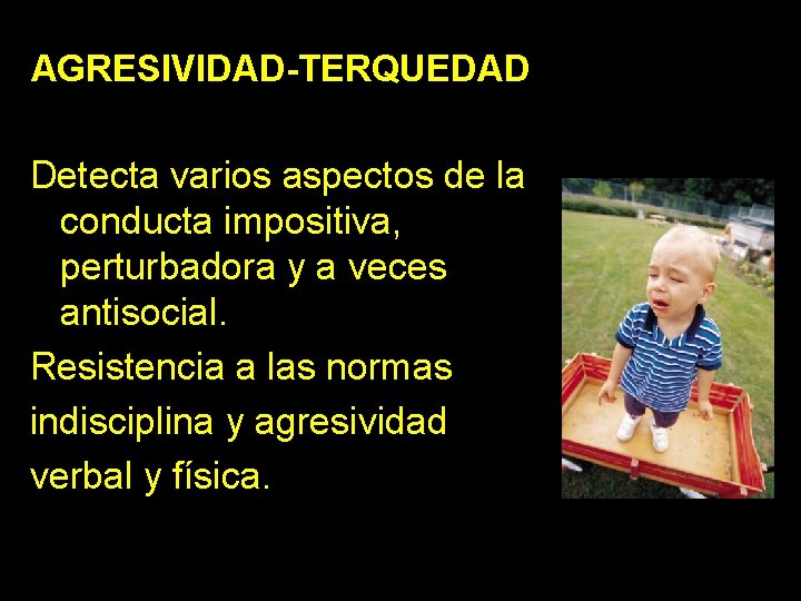 AGRESIVIDAD-TERQUEDAD Detecta varios aspectos de la conducta impositiva, perturbadora y a veces antisocial. Resistencia