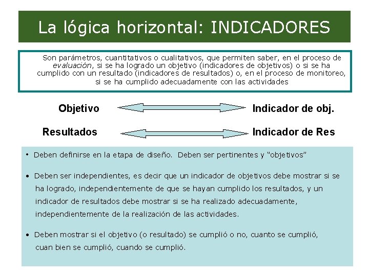 La lógica horizontal: INDICADORES Son parámetros, cuantitativos o cualitativos, que permiten saber, en el