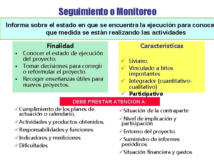 Seguimiento o Monitoreo Informa sobre el estado en que se encuentra la ejecución para