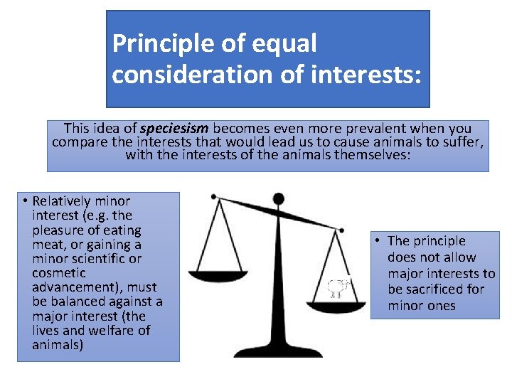 Principle of equal consideration of interests: This idea of speciesism becomes even more prevalent