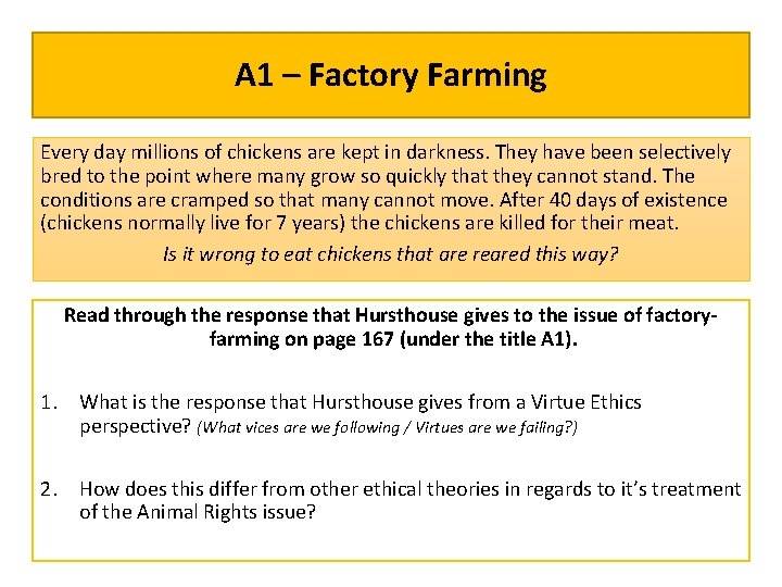 A 1 – Factory Farming Every day millions of chickens are kept in darkness.