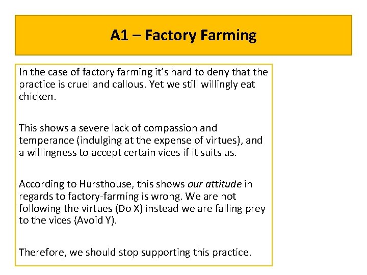 A 1 – Factory Farming In the case of factory farming it’s hard to