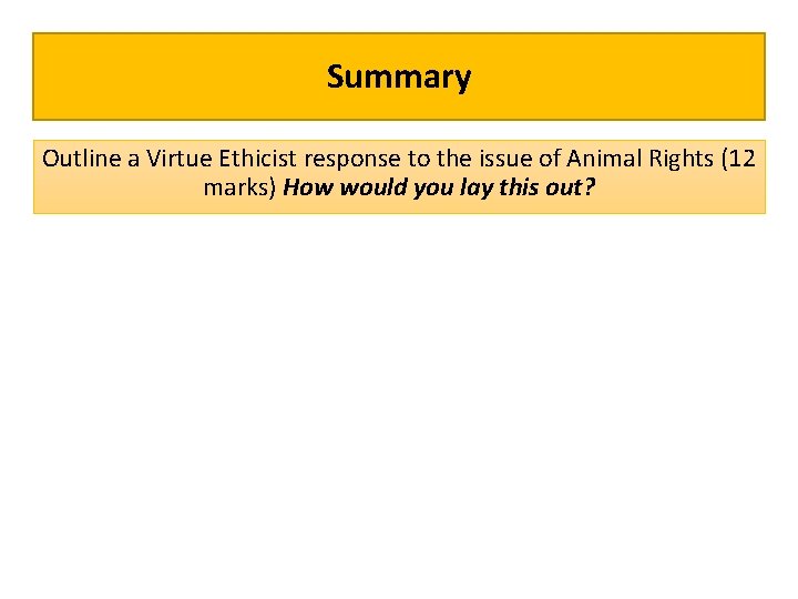 Summary Outline a Virtue Ethicist response to the issue of Animal Rights (12 marks)