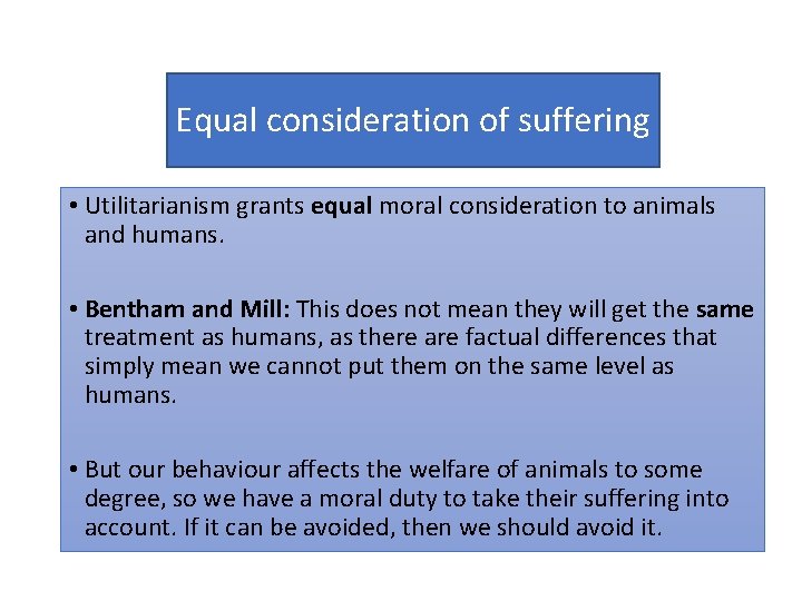Equal consideration of suffering • Utilitarianism grants equal moral consideration to animals and humans.