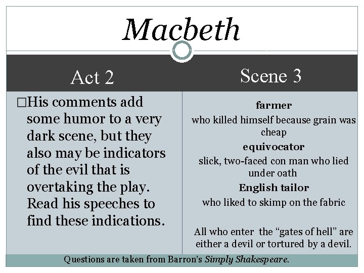Macbeth Act 2 �His comments add some humor to a very dark scene, but