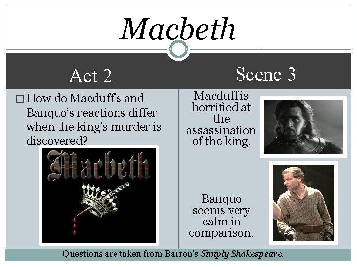 Macbeth Act 2 � How do Macduff’s and Banquo’s reactions differ when the king’s