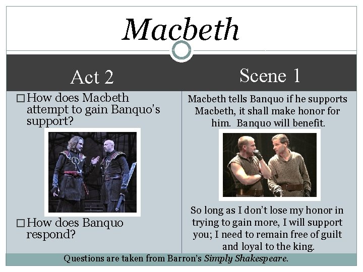 Macbeth Act 2 � How does Macbeth attempt to gain Banquo’s support? � How
