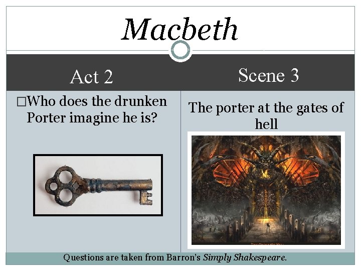 Macbeth Act 2 �Who does the drunken Porter imagine he is? Scene 3 The