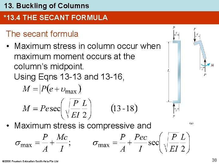 13. Buckling of Columns *13. 4 THE SECANT FORMULA The secant formula • Maximum