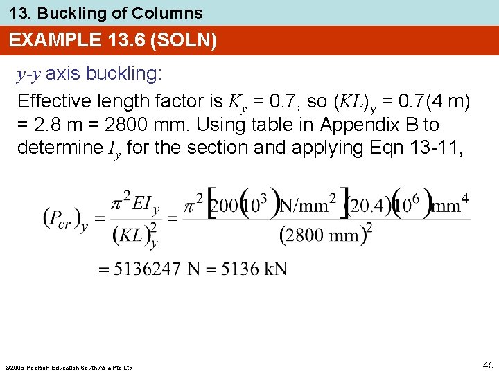 13. Buckling of Columns EXAMPLE 13. 6 (SOLN) y-y axis buckling: Effective length factor