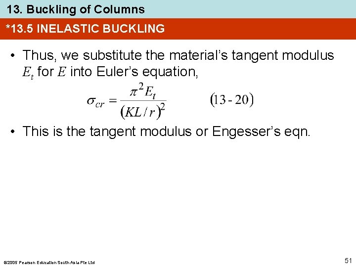 13. Buckling of Columns *13. 5 INELASTIC BUCKLING • Thus, we substitute the material’s