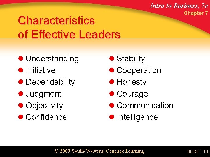 Intro to Business, 7 e Characteristics of Effective Leaders l Understanding l Initiative l