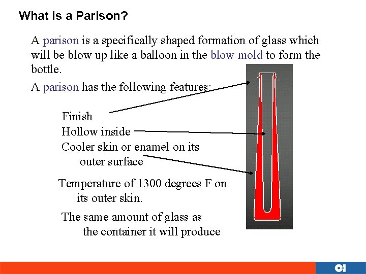 What is a Parison? A parison is a specifically shaped formation of glass which