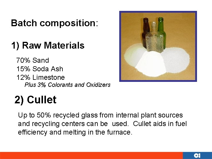 Batch composition: 1) Raw Materials 70% Sand 15% Soda Ash 12% Limestone Plus 3%