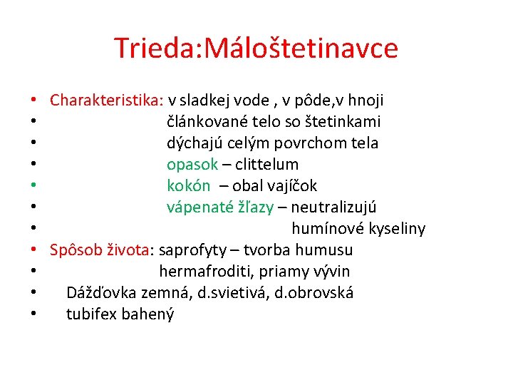 Trieda: Máloštetinavce • • • Charakteristika: v sladkej vode , v pôde, v hnoji