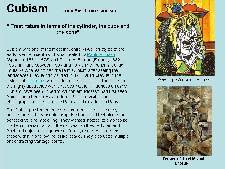 Cubism from Post Impressionism “ Treat nature in terms of the cylinder, the cube