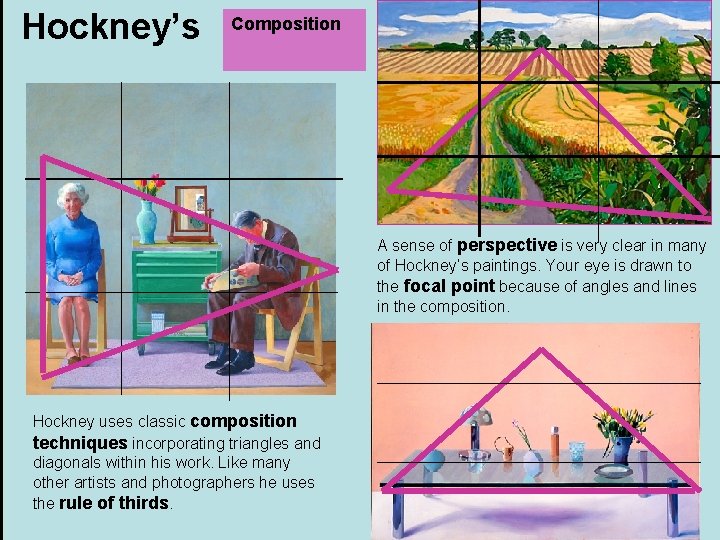 Hockney’s Composition A sense of perspective is very clear in many of Hockney’s paintings.