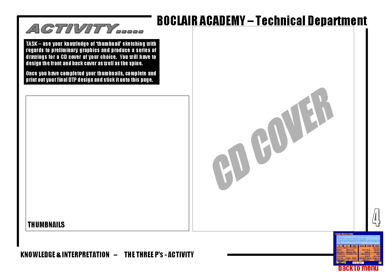 BOCLAIR ACADEMY – Technical Department TASK – use your knowledge of ‘thumbnail’ sketching with