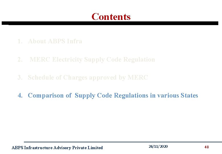 Contents 1. About ABPS Infra 2. MERC Electricity Supply Code Regulation 3. Schedule of