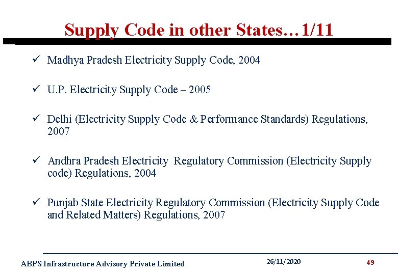 Supply Code in other States… 1/11 ü Madhya Pradesh Electricity Supply Code, 2004 ü