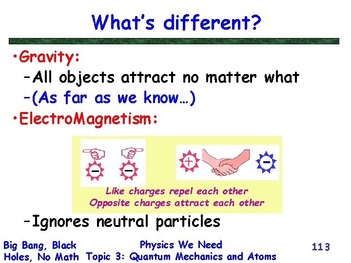 What’s different? • Gravity: – All objects attract no matter what – (As far