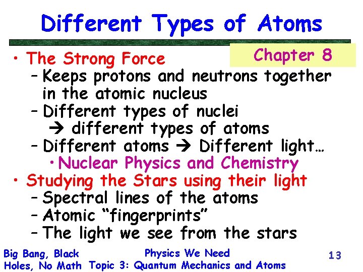 Different Types of Atoms Chapter 8 • The Strong Force – Keeps protons and