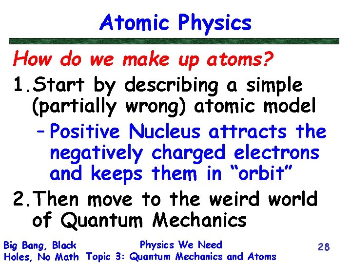 Atomic Physics How do we make up atoms? 1. Start by describing a simple