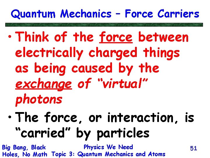 Quantum Mechanics – Force Carriers • Think of the force between electrically charged things