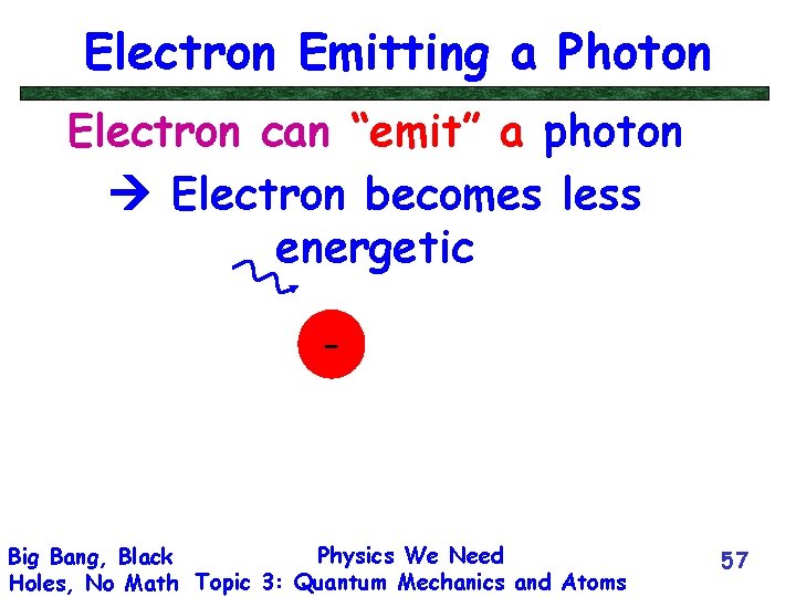 Electron Emitting a Photon Electron can “emit” a photon Electron becomes less energetic -