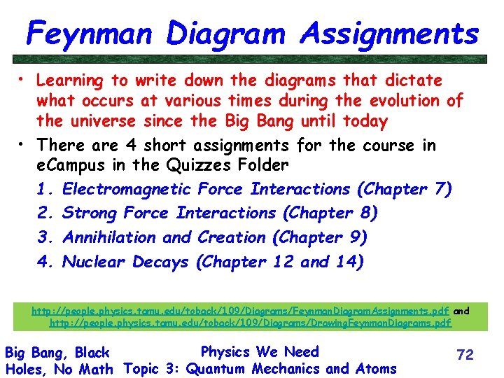 Feynman Diagram Assignments • Learning to write down the diagrams that dictate what occurs