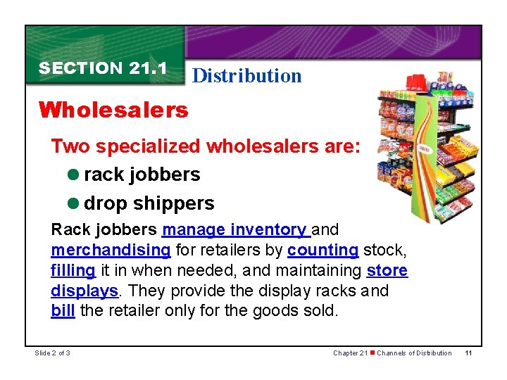 SECTION 21. 1 Distribution Wholesalers Two specialized wholesalers are: =rack jobbers =drop shippers Rack