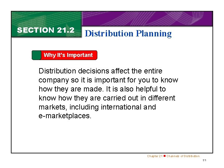 SECTION 21. 2 Distribution Planning Why It's Important Distribution decisions affect the entire company