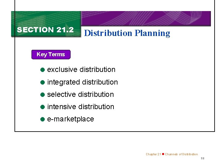 SECTION 21. 2 Distribution Planning Key Terms = exclusive distribution = integrated distribution =