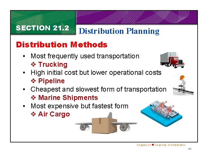 SECTION 21. 2 Distribution Planning Distribution Methods • Most frequently used transportation v Trucking