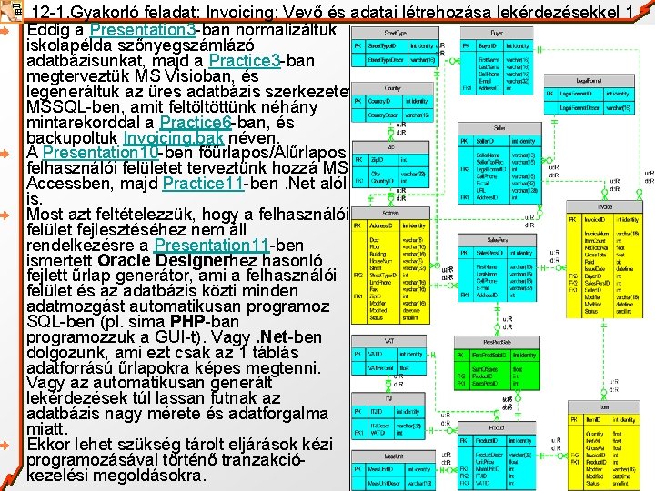 12 -1. Gyakorló feladat: Invoicing: Vevő és adatai létrehozása lekérdezésekkel 1 Eddig a Presentation