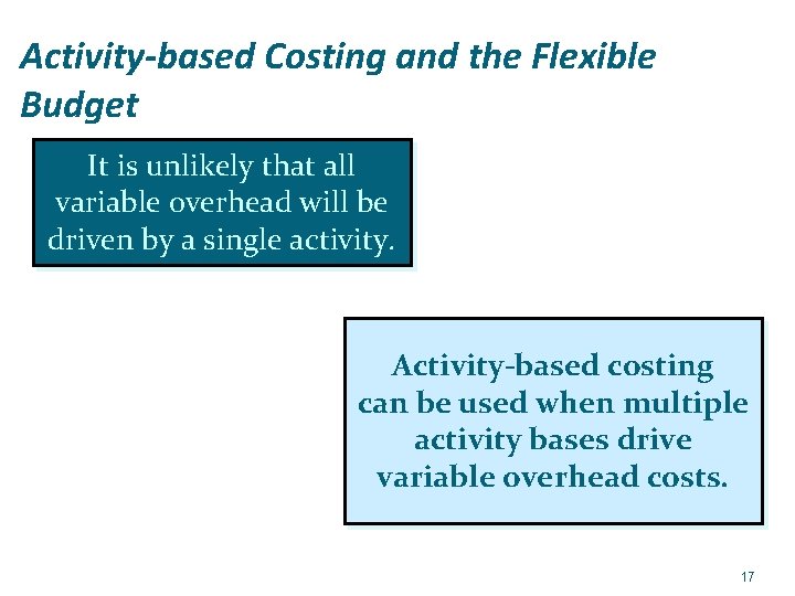 Activity-based Costing and the Flexible Budget It is unlikely that all variable overhead will
