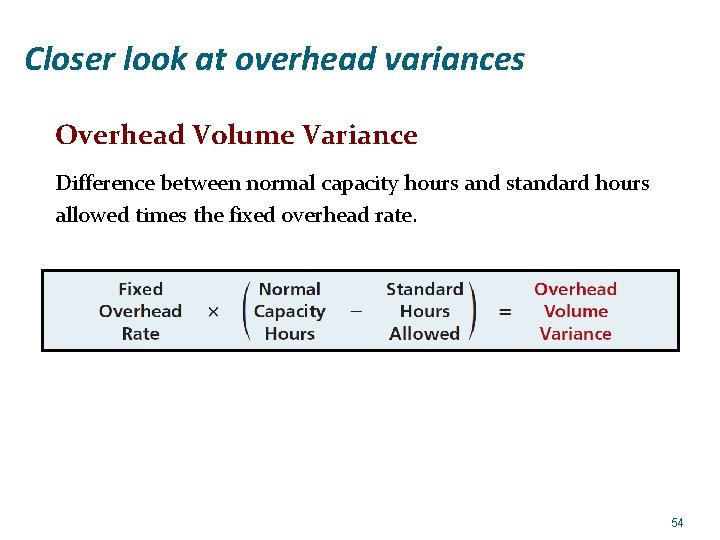 Closer look at overhead variances Overhead Volume Variance Difference between normal capacity hours and