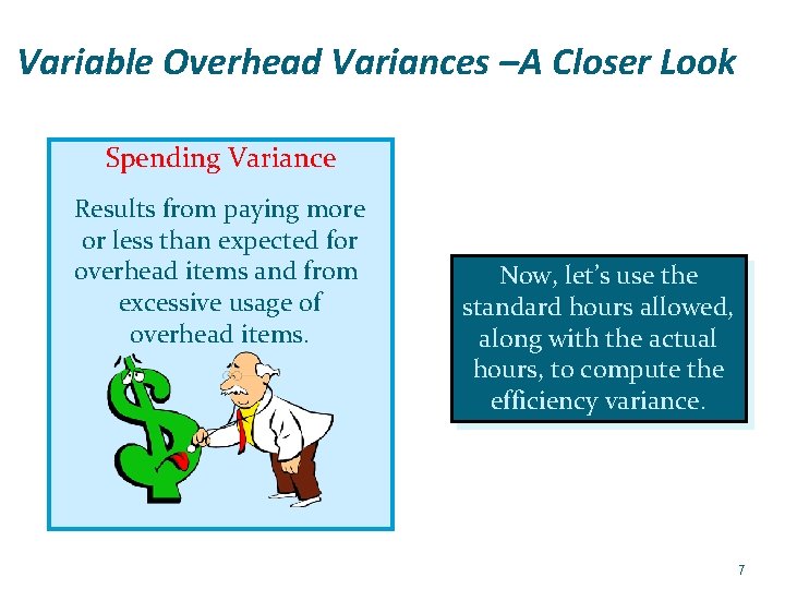 Variable Overhead Variances –A Closer Look Spending Variance Results from paying more or less