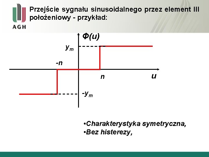 Przejście sygnału sinusoidalnego przez element III położeniowy - przykład: Φ(u) ym -n n u