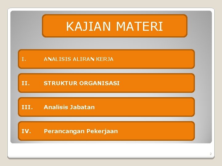 KAJIAN MATERI I. ANALISIS ALIRAN KERJA II. STRUKTUR ORGANISASI III. Analisis Jabatan IV. Perancangan