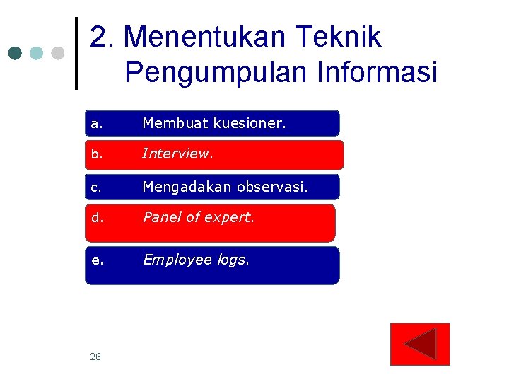 2. Menentukan Teknik Pengumpulan Informasi a. Membuat kuesioner. b. Interview. c. Mengadakan observasi. d.