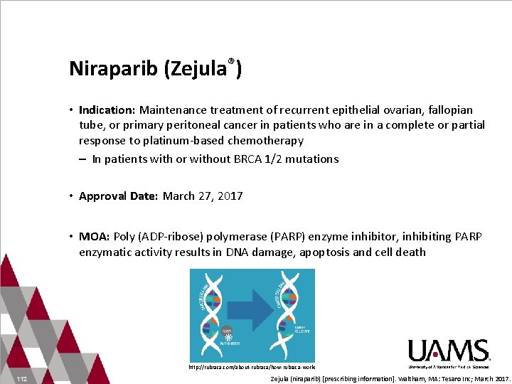 Niraparib (Zejula®) • Indication: Maintenance treatment of recurrent epithelial ovarian, fallopian tube, or primary