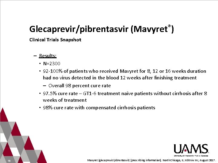 Glecaprevir/pibrentasvir (Mavyret®) Clinical Trials Snapshot – Results: • N=2300 • 92 -100% of patients