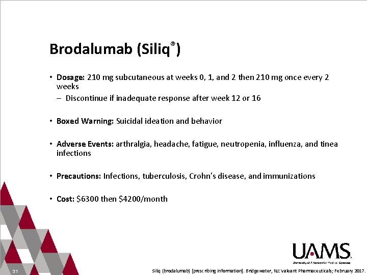 Brodalumab (Siliq®) • Dosage: 210 mg subcutaneous at weeks 0, 1, and 2 then